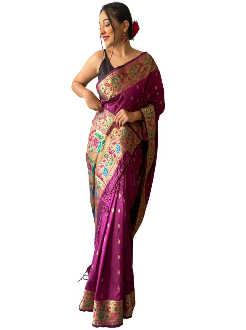 SGF11 Women's Paithani Soft Lichi Silk Kanjivaram Sarees With Blouse Piece (Purple) - Image 1