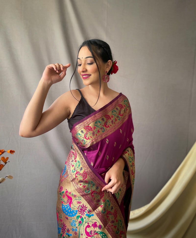 SGF11 Women's Paithani Soft Lichi Silk Kanjivaram Sarees With Blouse Piece (Purple) - Image 3