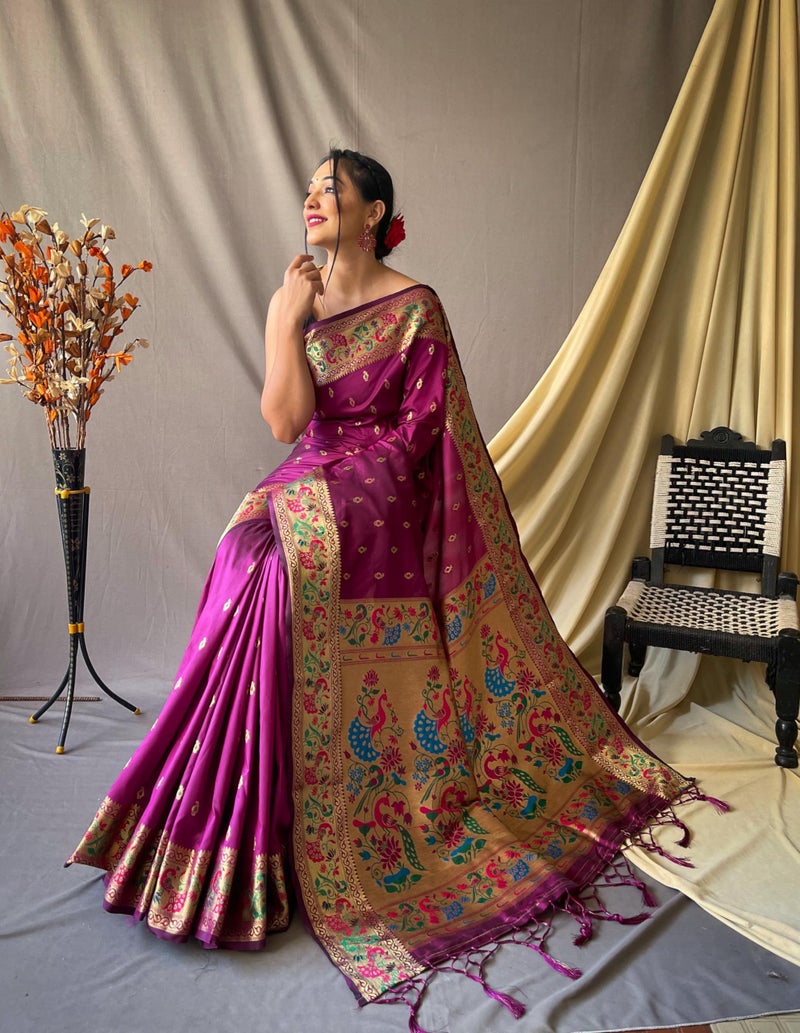 SGF11 Women's Paithani Soft Lichi Silk Kanjivaram Sarees With Blouse Piece (Purple) - Image 4