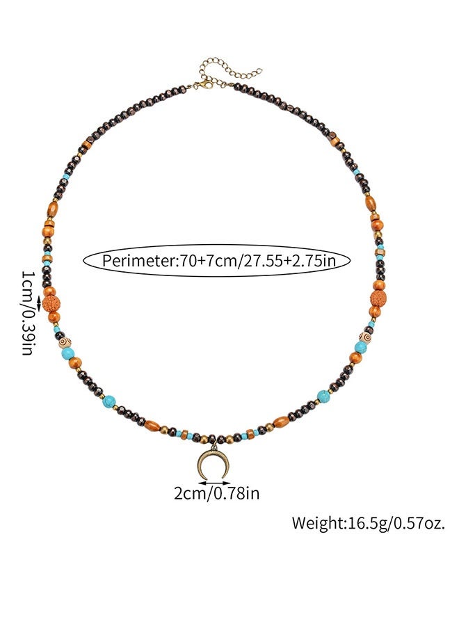 Happy D Vintage-style men's long necklace with wooden beads, walnut beads, green turquoise-patterned beads, and a crescent pendant with a box - Image 3
