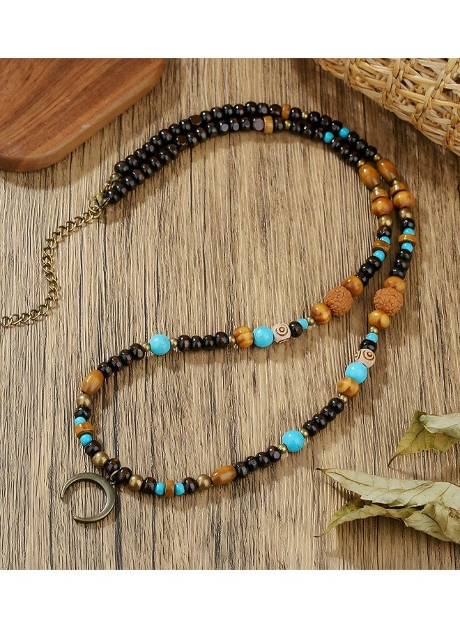 Happy D Vintage-style men's long necklace with wooden beads, walnut beads, green turquoise-patterned beads, and a crescent pendant with a box - Image 2