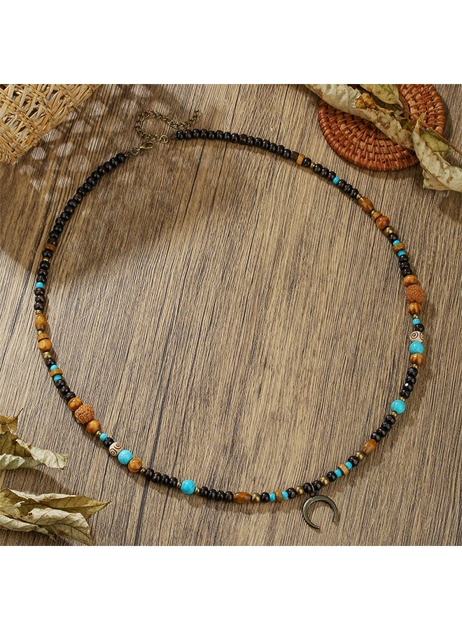 Happy D Vintage-style men's long necklace with wooden beads, walnut beads, green turquoise-patterned beads, and a crescent pendant with a box - Image 5