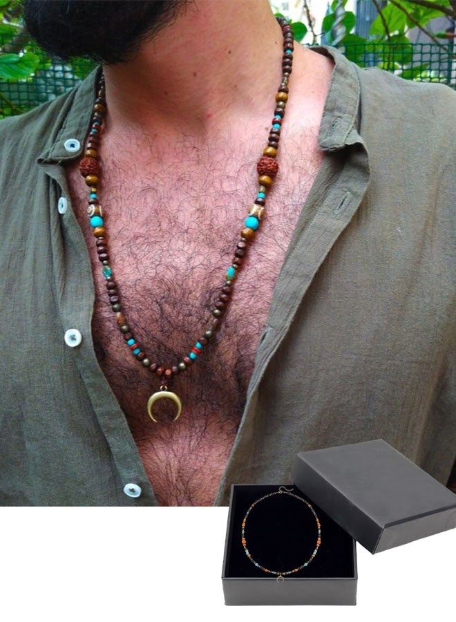 Happy D Vintage-style men's long necklace with wooden beads, walnut beads, green turquoise-patterned beads, and a crescent pendant with a box - Image 1