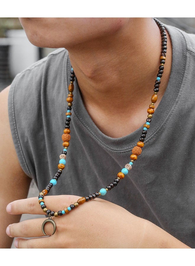 Happy D Vintage-style men's long necklace with wooden beads, walnut beads, green turquoise-patterned beads, and a crescent pendant with a box - Image 4