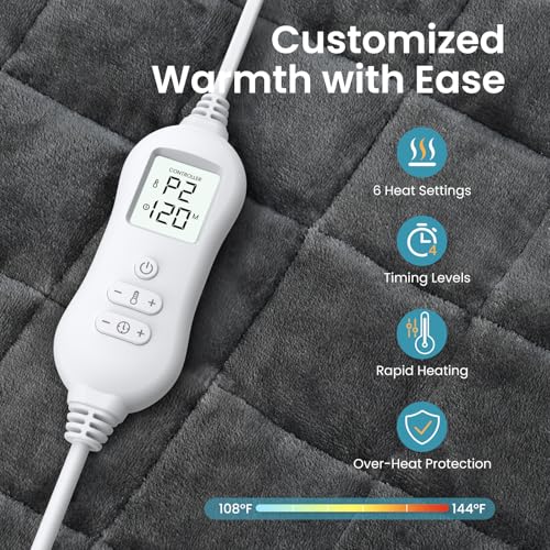 NOWWISH 5lbs Weighted Heating Pad, Small Electric Heated Weighted Blanket with 6 Heat Settings, Timer & Auto Shut-Off, Relief for Period Cramps, Back Pain, Lap, Machine Washable, 29x24 inch, Grey - Image 3