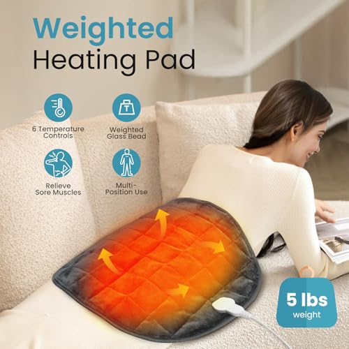 NOWWISH 5lbs Weighted Heating Pad, Small Electric Heated Weighted Blanket with 6 Heat Settings, Timer & Auto Shut-Off, Relief for Period Cramps, Back Pain, Lap, Machine Washable, 29x24 inch, Grey - Image 2