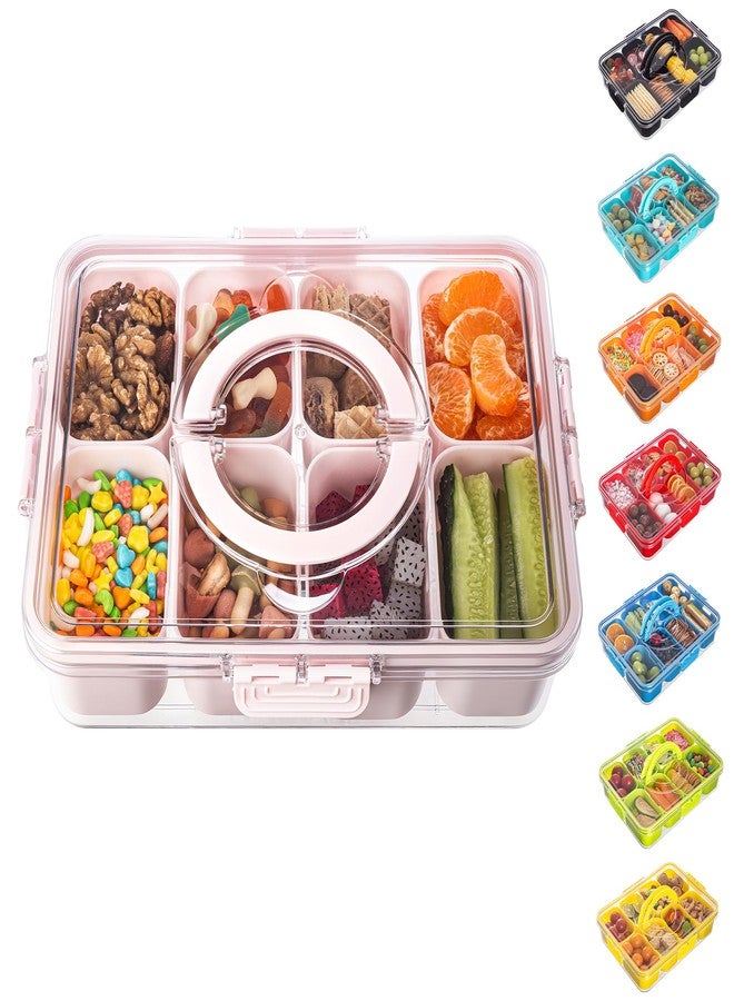 Dingerjar Divided Serving Tray with Lid and Handle - Snackle Box Charcuterie Container for Portable Snack Platters Organizer for Candy, Fruits, Nuts, Snacks - Perfect for Party, Entertaining, Pink - Image 1