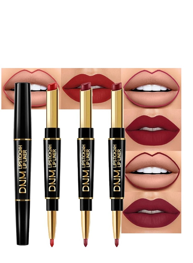 SYOSI 3Pcs Dark Ruby Red Lip Liner and Lipstick Set Kit for Women DNM Matte Matt Mat 24 Hours Lipstick Pen and with Lip Liner Pencil Set Waterproof Long Lasting 24 - Image 1