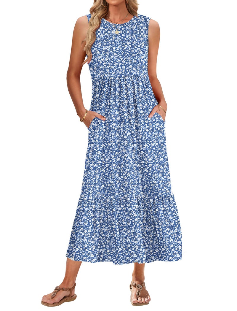 AUSELILY Summer Dresses for Women Casual Sleeveless Crew Neck Formal Maxi Dress with Pockets, Gray Blue Flower M - Image 1