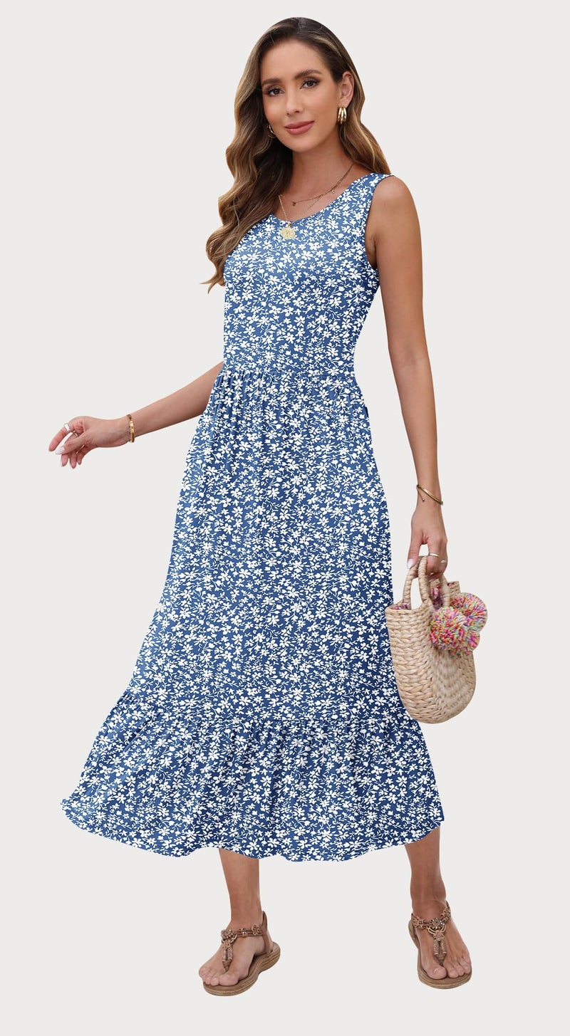 AUSELILY Summer Dresses for Women Casual Sleeveless Crew Neck Formal Maxi Dress with Pockets, Gray Blue Flower M - Image 2