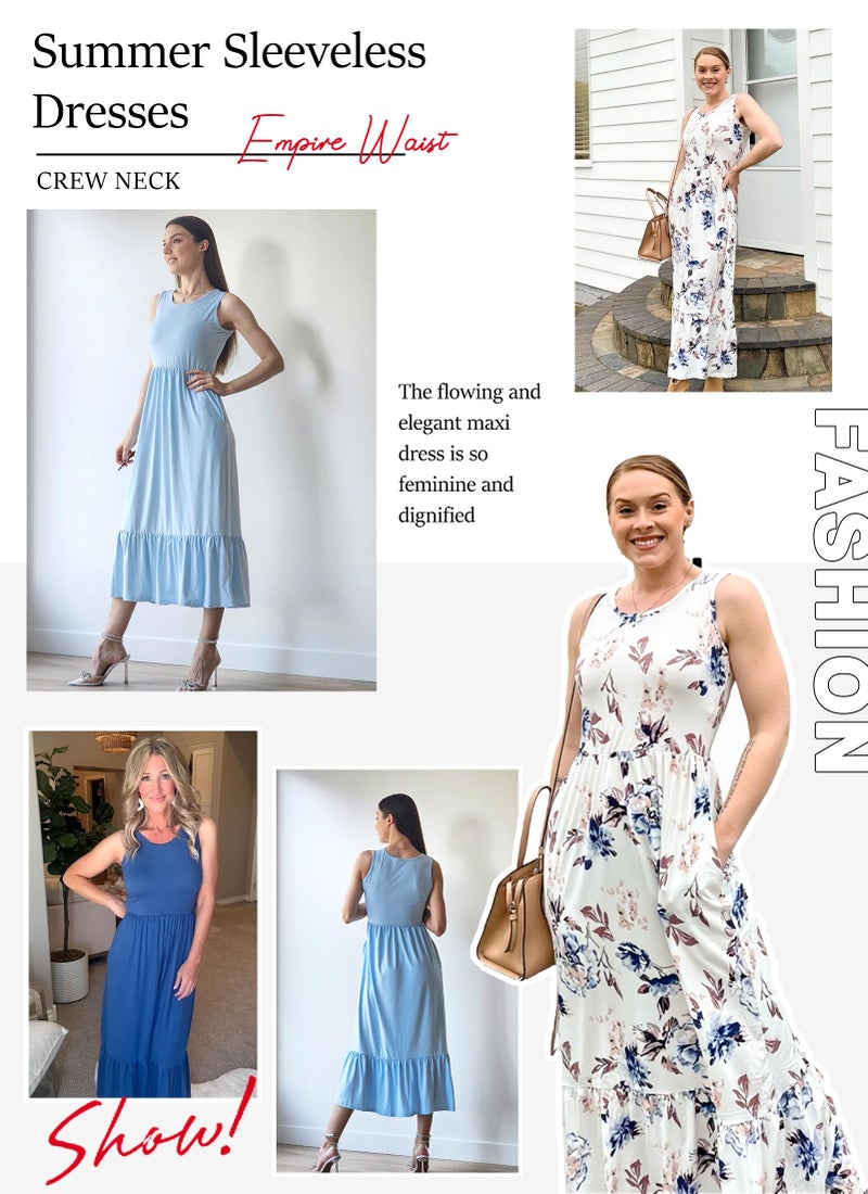 AUSELILY Summer Dresses for Women Casual Sleeveless Crew Neck Formal Maxi Dress with Pockets, Gray Blue Flower M - Image 4