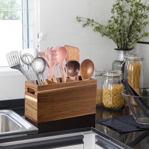 ALELION Acacia Wood Utensil Holder Organizer for Counter - Large Wooden Utensil Caddy for Countertop - 3 Compartment Cooking Tool Holder for Spatula - for Farmhouse Kitchen Decor and Accessories - Image 3