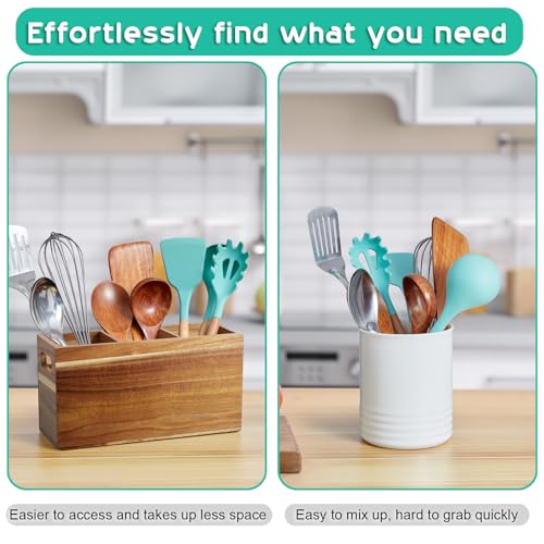 ALELION Acacia Wood Utensil Holder Organizer for Counter - Large Wooden Utensil Caddy for Countertop - 3 Compartment Cooking Tool Holder for Spatula - for Farmhouse Kitchen Decor and Accessories - Image 4