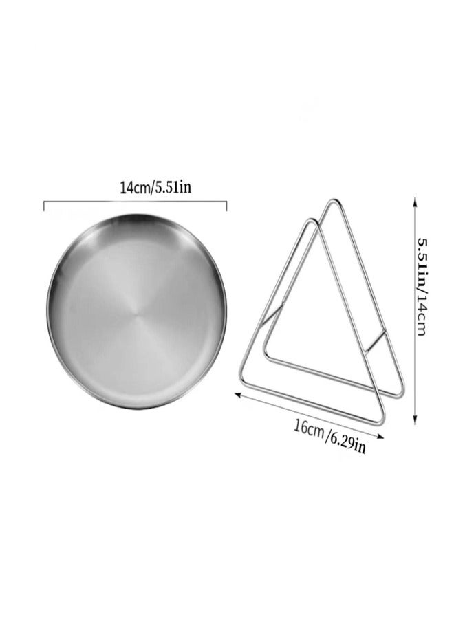 6 reusable 5.5-inch (approximately 14.0 cm) stainless steel round plates, with plate rack, food-grade 304 stainless steel, uncoated and odorless, thickened 0.8mm material, for home daily use / outdoor picnics / party gatherings.  - Image 2