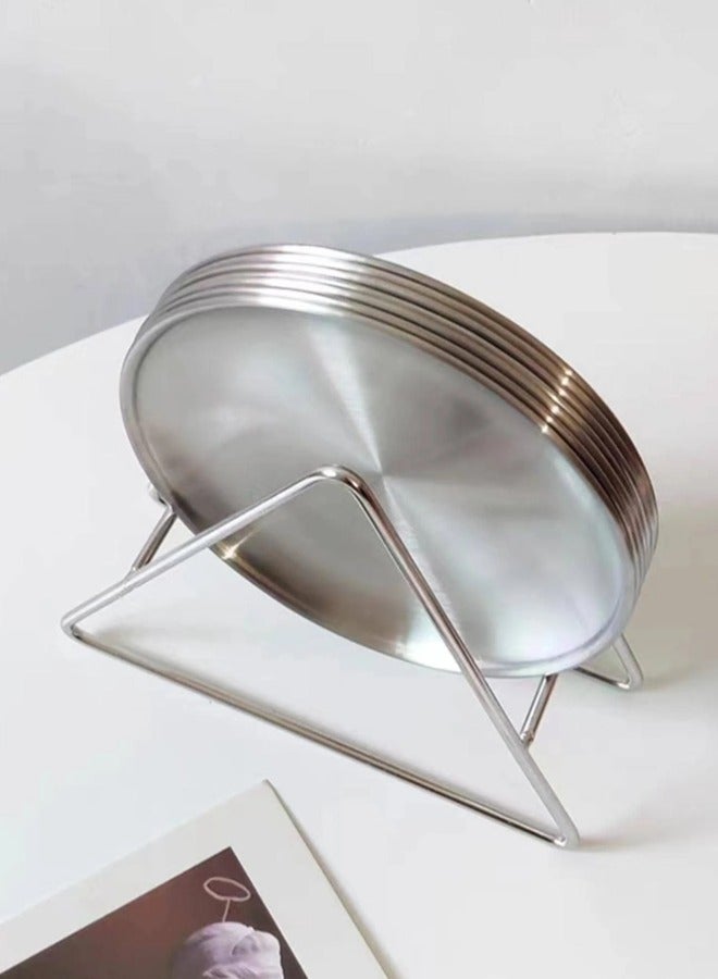 6 reusable 5.5-inch (approximately 14.0 cm) stainless steel round plates, with plate rack, food-grade 304 stainless steel, uncoated and odorless, thickened 0.8mm material, for home daily use / outdoor picnics / party gatherings.  - Image 1