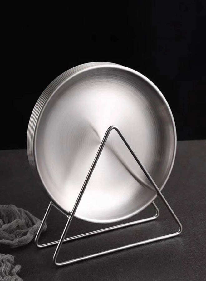 6 reusable 5.5-inch (approximately 14.0 cm) stainless steel round plates, with plate rack, food-grade 304 stainless steel, uncoated and odorless, thickened 0.8mm material, for home daily use / outdoor picnics / party gatherings.  - Image 3