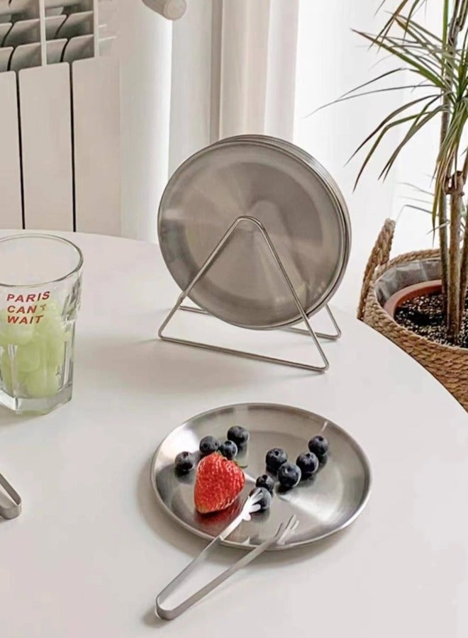 6 reusable 5.5-inch (approximately 14.0 cm) stainless steel round plates, with plate rack, food-grade 304 stainless steel, uncoated and odorless, thickened 0.8mm material, for home daily use / outdoor picnics / party gatherings.  - Image 4