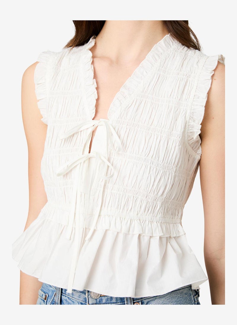 French Connection Women's Summer White Rhodes Pop Smck Fltter Slv Top - Image 4