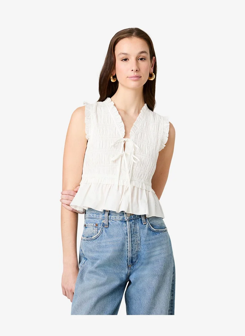 فرنش كونكشن Women's Summer White Rhodes Pop Smck Fltter Slv Top