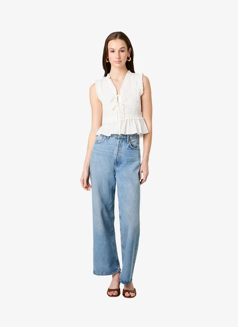 فرنش كونكشن Women's Summer White Rhodes Pop Smck Fltter Slv Top