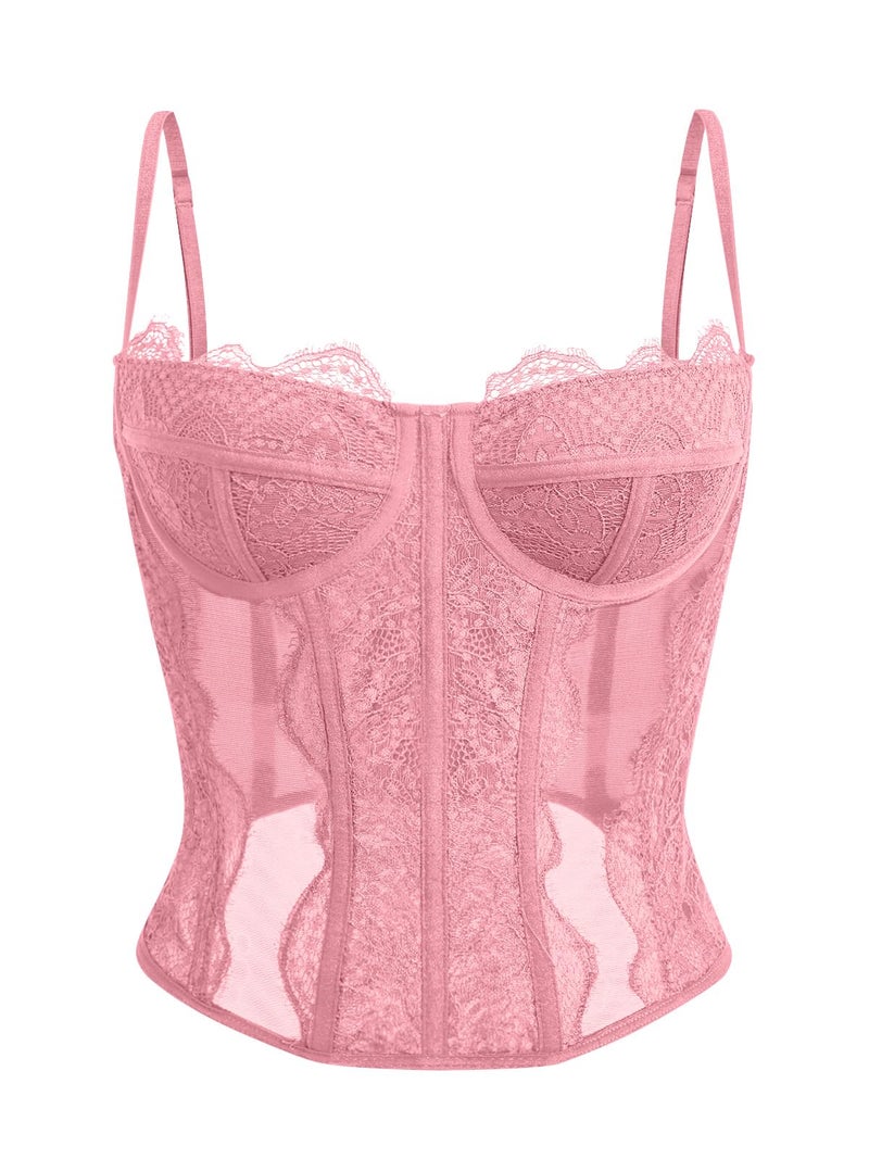 Dealmore Corset Tops For Women Going Out Lace Mesh Date Night Fall Fashion Outfits Clothes Crop Cute Party Strap Tank Pink Medium - Image 1