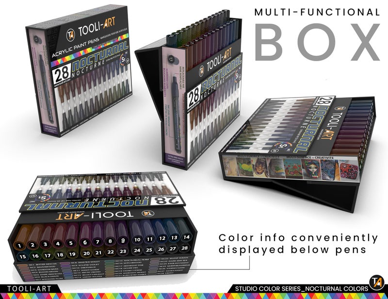 TOOLI-ART 28 Dark Nocturnal Colors Acrylic Paint Pens Studio Color Series Markers Set 0.7mm Extra Fine Tip, Rock Painting, Glass, Mugs, Wood, Metal, Canvas, DIY, Detailing. Non Toxic, Waterbased, Quick Drying - Image 3