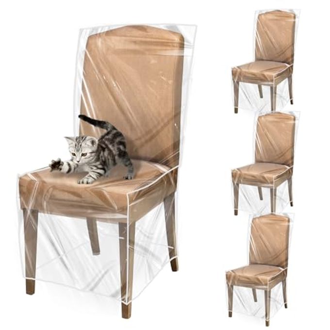 PAMASE 4 Pack Plastic Dining Chair Protectors with Backrests Waterproof Thickened PVC Seat Covers Removable Washable Slipcover Keeping Chair Away from Water Dust Pet Hair Paws Claws - Image 1