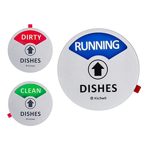 Kichwit Clean Dirty Dishwasher Magnet with The 3rd Option “Running”, Perfect for Quiet Dishwashers, Non-Scratch Strong Magnet Backing, Residue Free Adhesive Included, 3.5” Diameter, Silver - Image 1