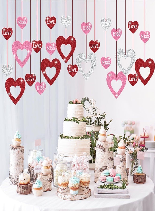 Hedeey Valentine's Decorations Hanging Swirls, 36Pcs Red Pink Silver Glitter Heart Decorations, NO DIY Valentine's Ceiling Hanging Decorations, Love XOXO KISS Cutout Decor for Home Party （Heart） - Image 4