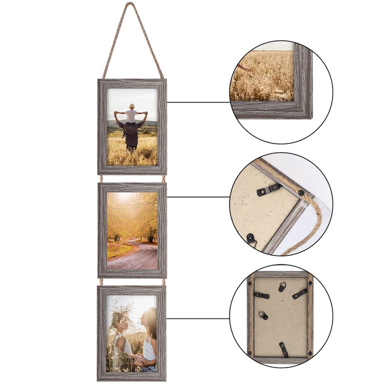 Lavezee 4x6 Collage Hanging Triple Picture Frames Set  Rustic 6 Opening Vertical Frame Made to Display 4 by 6 Inch Photo Postcard for Wall Decor - Image 3