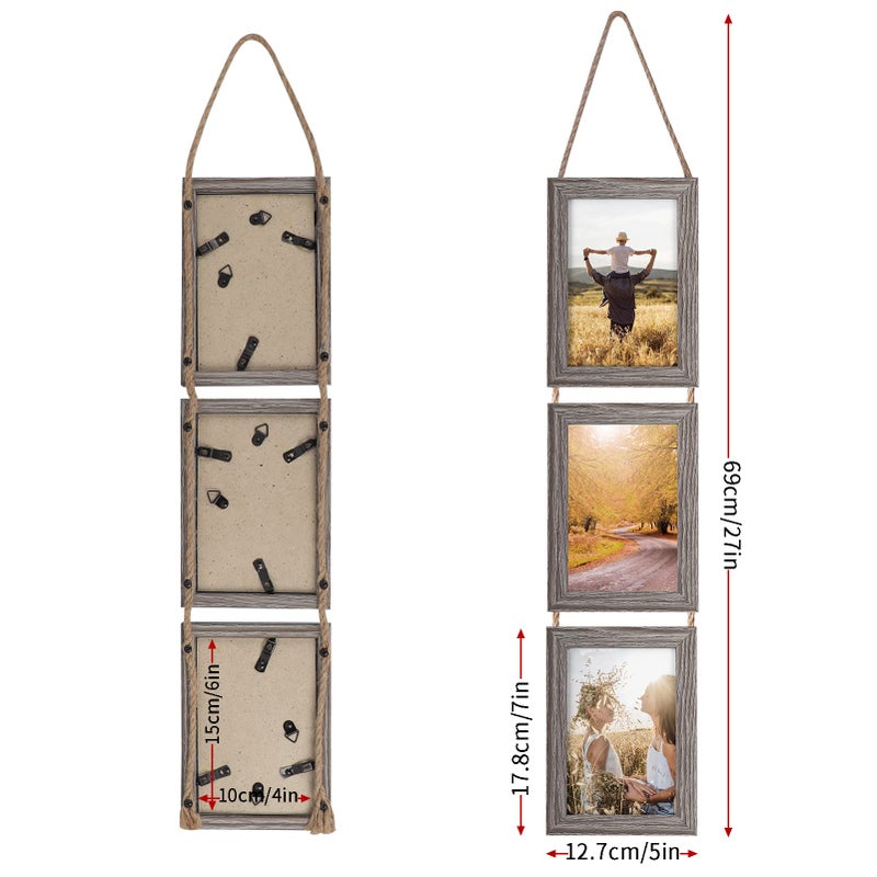 Lavezee 4x6 Collage Hanging Triple Picture Frames Set  Rustic 6 Opening Vertical Frame Made to Display 4 by 6 Inch Photo Postcard for Wall Decor - Image 4