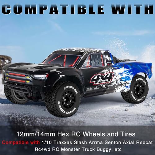GLOBACT 12mm14mm Hex RC Wheels and Tires 110 RC Truck Tires for Arrma Senton Fury Slash Axial Losi Redcat Rc4wd Hex Detachable Replacement Black 4PCS - Image 5