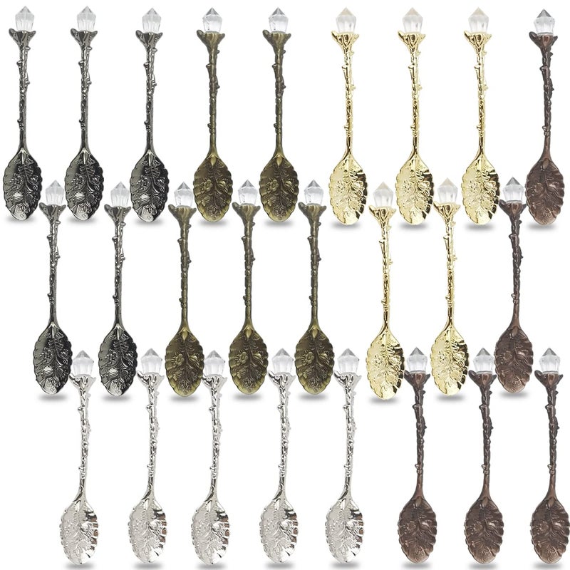 NSBELL 25PCS Retro Spoons  Crystal Alloy Vintage Carved Coffee  Dessert Spoons for Cafe Tableware