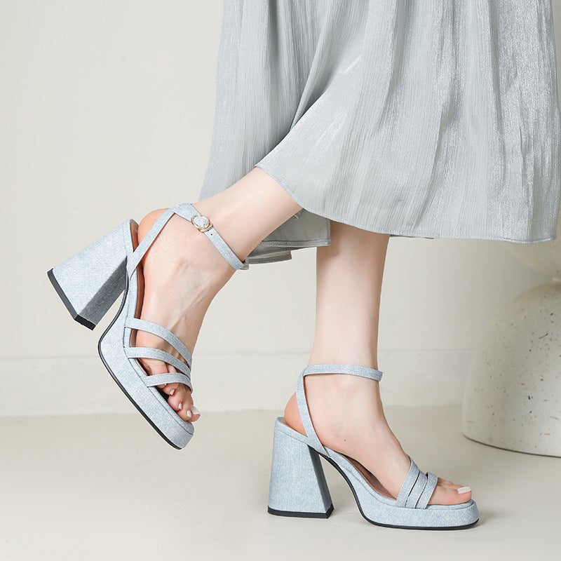 2024 Wish Women'S High Heeled Shoes 33-43 Denim Thin Strip Small Platform Sandals - Image 3