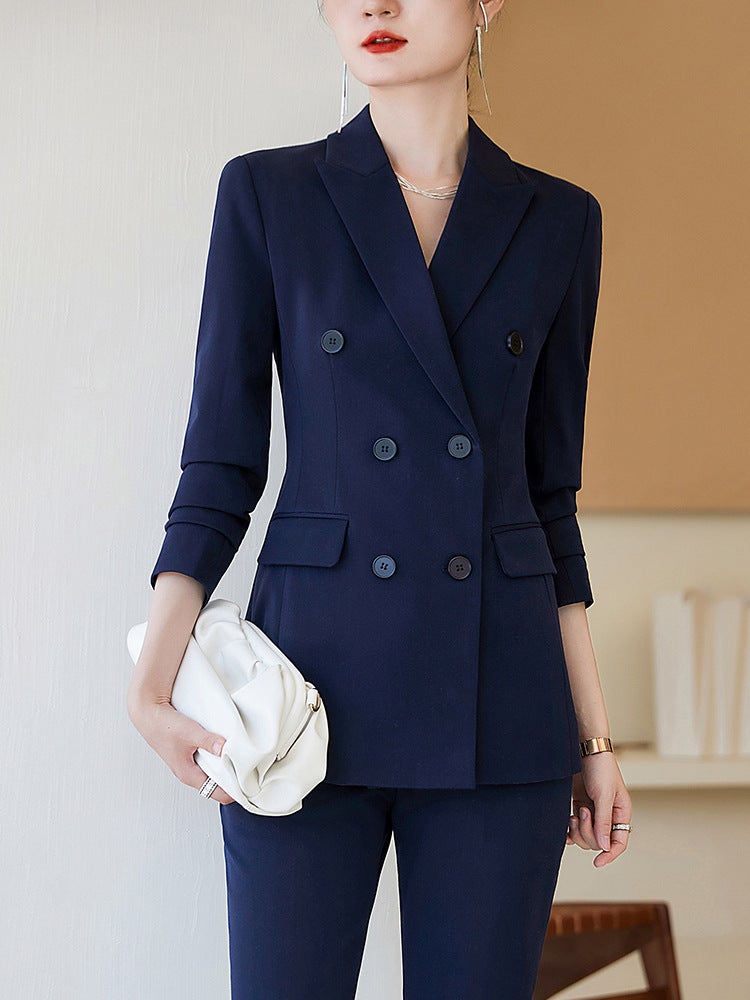 Navy Blue Suit Jacket Women'S 2023 New Temperament Double-Breasted Professional Suit Work Clothes Dress Suit - Image 4