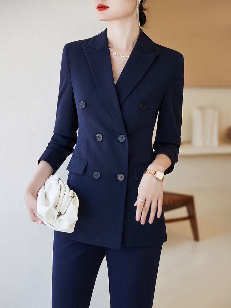 Navy Blue Suit Jacket Women'S 2023 New Temperament Double-Breasted Professional Suit Work Clothes Dress Suit - Image 5