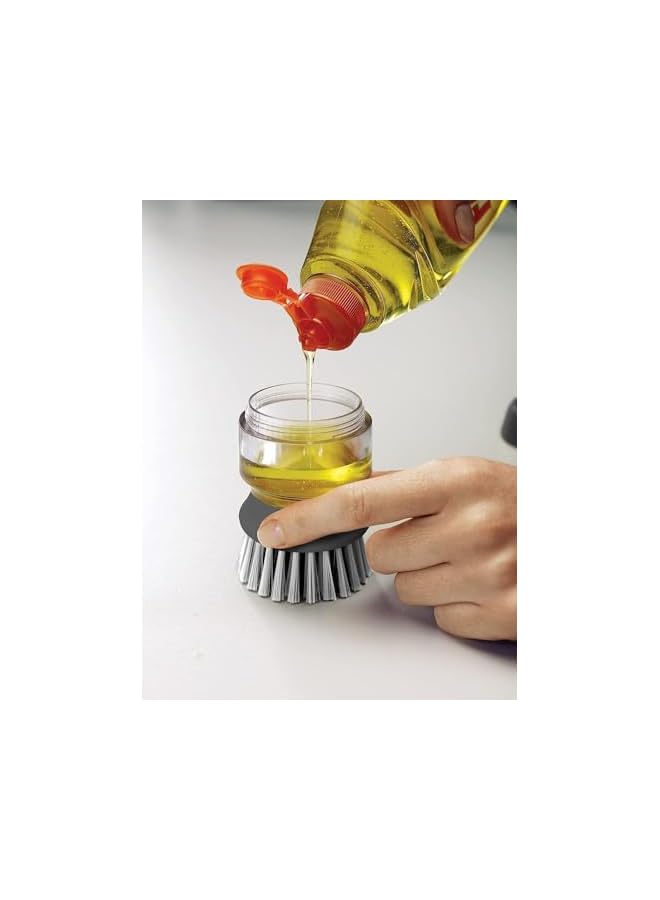 promass Scrub Brush, Soap Dispensing Palm Scrub Brush with Drip Tray, Washing Brush for Dishes Pots Pans Sink Cleaning, Easy to Grip Household Cleaning Brushes, Kitchen (Grey) - Image 5