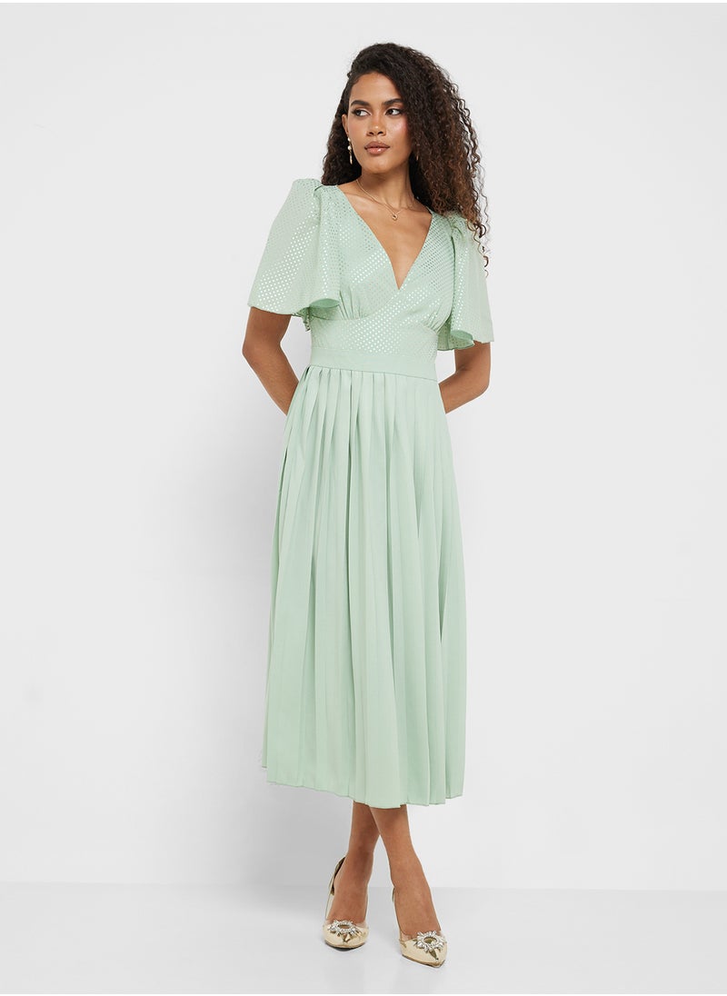 Little Mistress V-Neck  Spot Pleated Midi Dress  - Image 4
