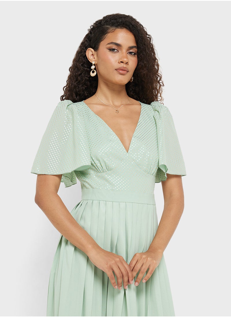 Little Mistress V-Neck  Spot Pleated Midi Dress  - Image 3