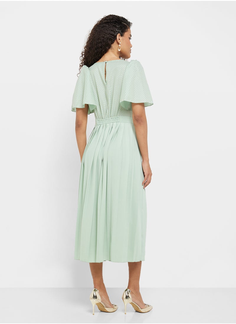 Little Mistress V-Neck  Spot Pleated Midi Dress  - Image 2