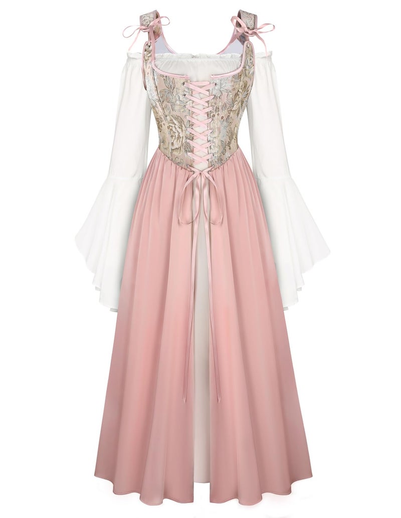 Scarlet Darkness Women Renaissance Dress Peasant Medieval Dress Bell Sleeve Maxi Fairy Dress Pink 10 - Image 1
