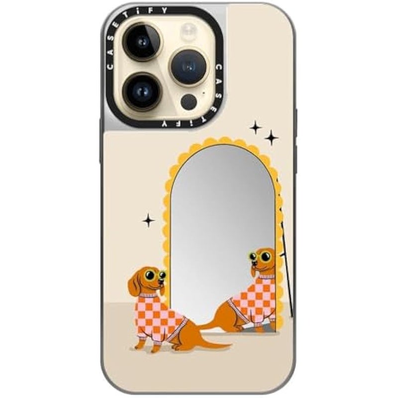 Casetify Mirror Case for iPhone 14 Pro Compatible with Magsafe - Checkered Dachshund Mirror - Silver on Silver - Image 4