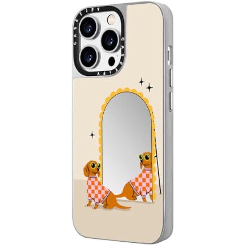 Casetify Mirror Case for iPhone 14 Pro Compatible with Magsafe - Checkered Dachshund Mirror - Silver on Silver - Image 5