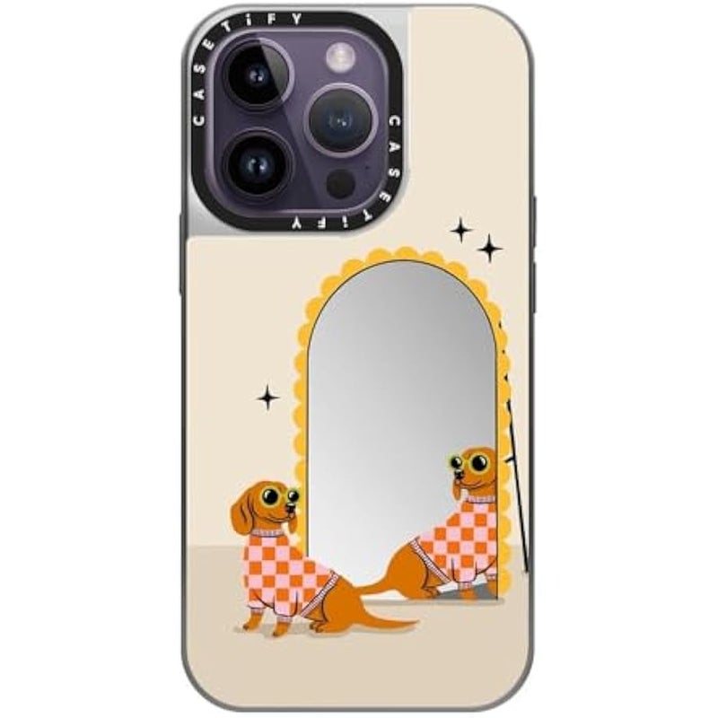 Casetify Mirror Case for iPhone 14 Pro Compatible with Magsafe - Checkered Dachshund Mirror - Silver on Silver - Image 2