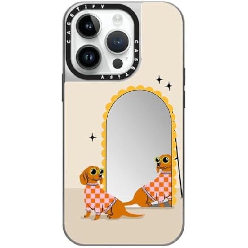 Casetify Mirror Case for iPhone 14 Pro Compatible with Magsafe - Checkered Dachshund Mirror - Silver on Silver - Image 1