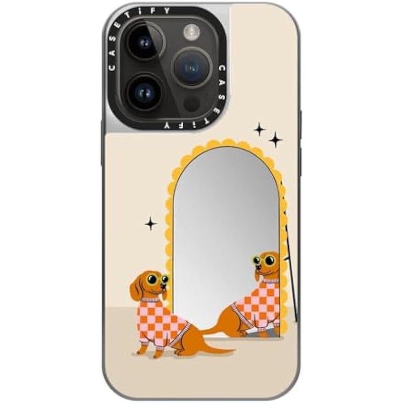 Casetify Mirror Case for iPhone 14 Pro Compatible with Magsafe - Checkered Dachshund Mirror - Silver on Silver - Image 3