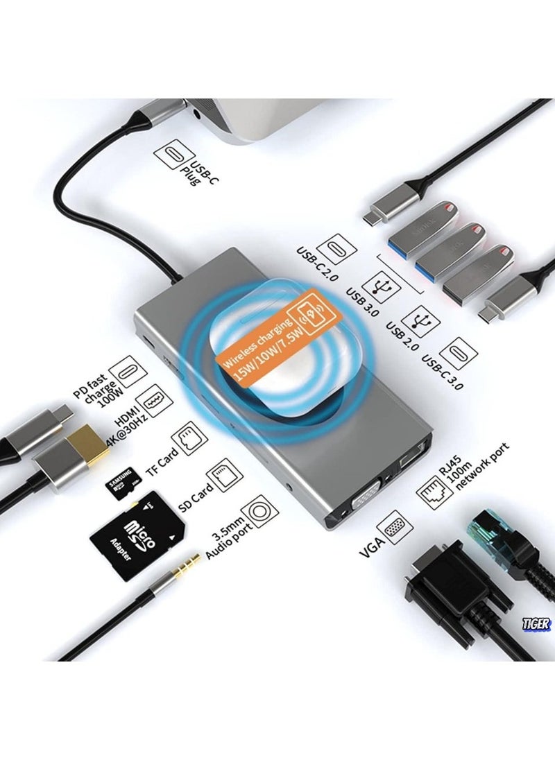 JAJEEK 13-in-1 USB C Docking Station with Wireless Charging, 4K HDMI, VGA, USB 3.0, USB C, Ethernet, SD/TF Card Reader – Multiport Dock for MacBook Pro, Type-C Laptops & Devices – Expand Connectivity, Power Delivery, High-Speed Data Transfer & More - Image 2