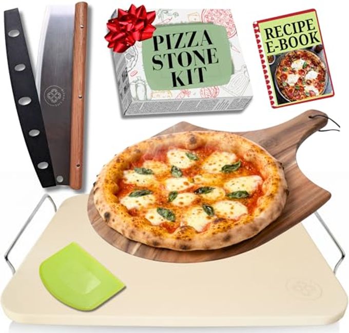 Pizza Stone for Oven and Grill Set - 5PCS Pizza Making Accessories Kit - 15 inch Pizza Stone with Handles, Pizza Peel, Pizza Cutter, Dough Tool - Baking Stone for Bread - Large Rectangular Oven Stones