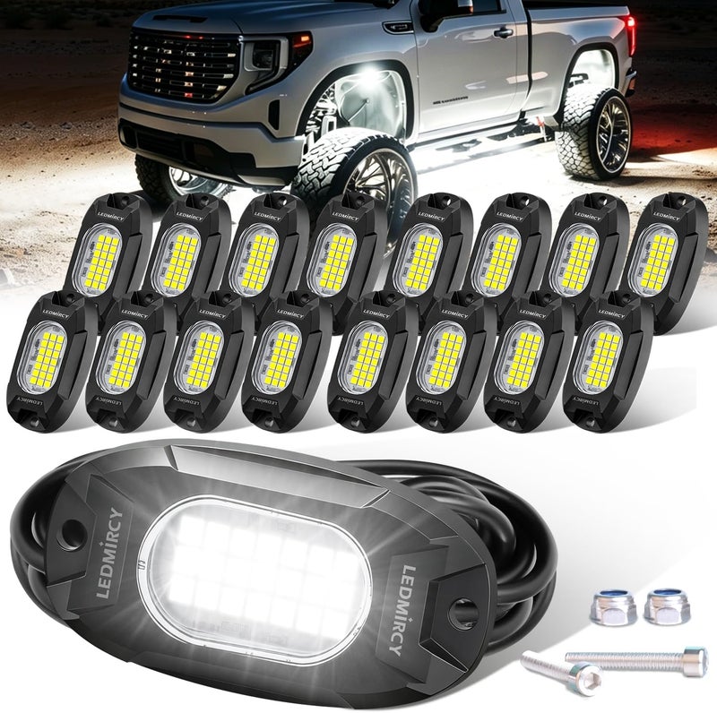 LEDMIRCY أضواء الصخور البيضاء، LEDMIRCY R6 أضواء صخور بيضاء نقية 16 قطعة مع 24 شريحة LED فائقة السطوع للشاحنات ومركبات UTV والطرق الوعرة والقوارب ومركبات ATV والبيك أب، إضاءة نيون تحتية عالية الطاقة مقاومة للماء والصدمات. - Image 1