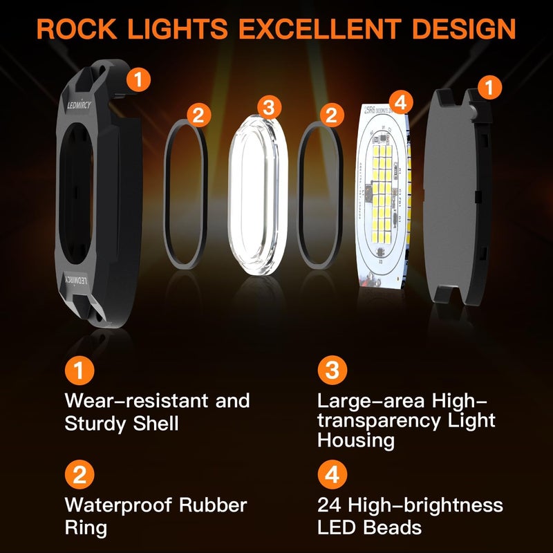 LEDMIRCY أضواء الصخور البيضاء، LEDMIRCY R6 أضواء صخور بيضاء نقية 16 قطعة مع 24 شريحة LED فائقة السطوع للشاحنات ومركبات UTV والطرق الوعرة والقوارب ومركبات ATV والبيك أب، إضاءة نيون تحتية عالية الطاقة مقاومة للماء والصدمات. - Image 3